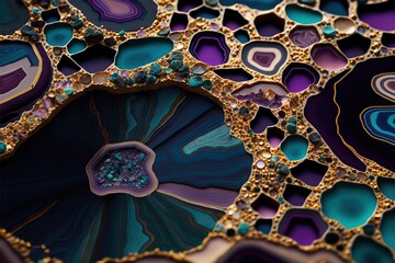 a close up of a piece of art made out of glass and gold leafy shapes with a blue center surrounded by smaller pieces of gold and purple and blue material with a circular design.
