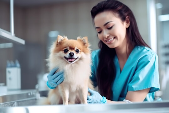 Female veterinarian examining and petting a small dog, generative AI image.