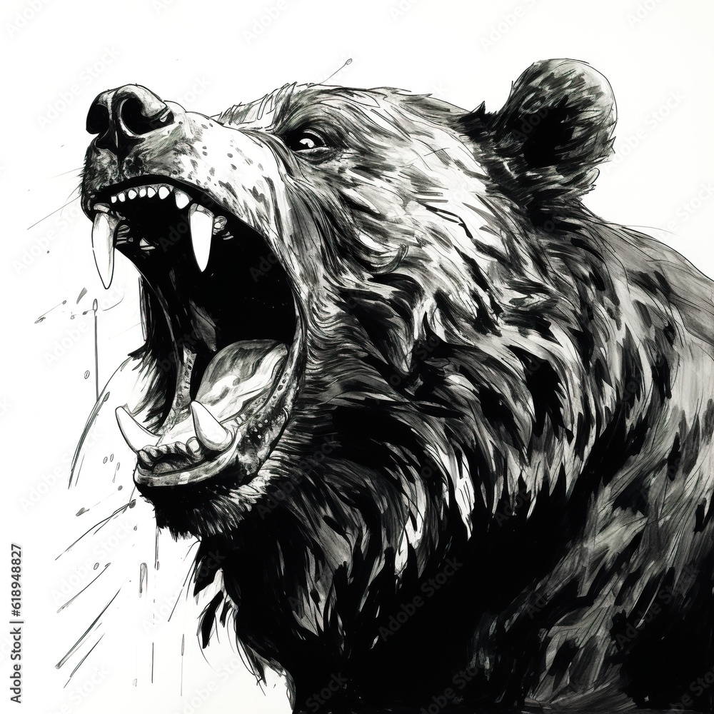 Wall mural a black and white drawing of a bear with its mouth open. generative ai.