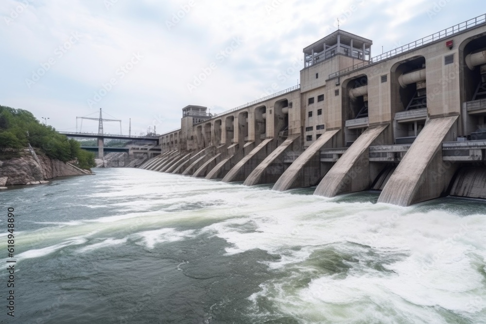 Wall mural view of large hydroelectric power plant, with turbines spinning and generating electricity, created with generative ai