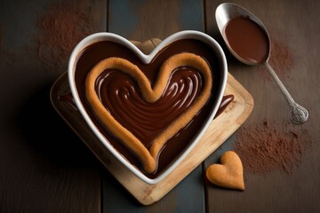 heart-shaped churros swimming in hot chocolate sauce, created with generative ai