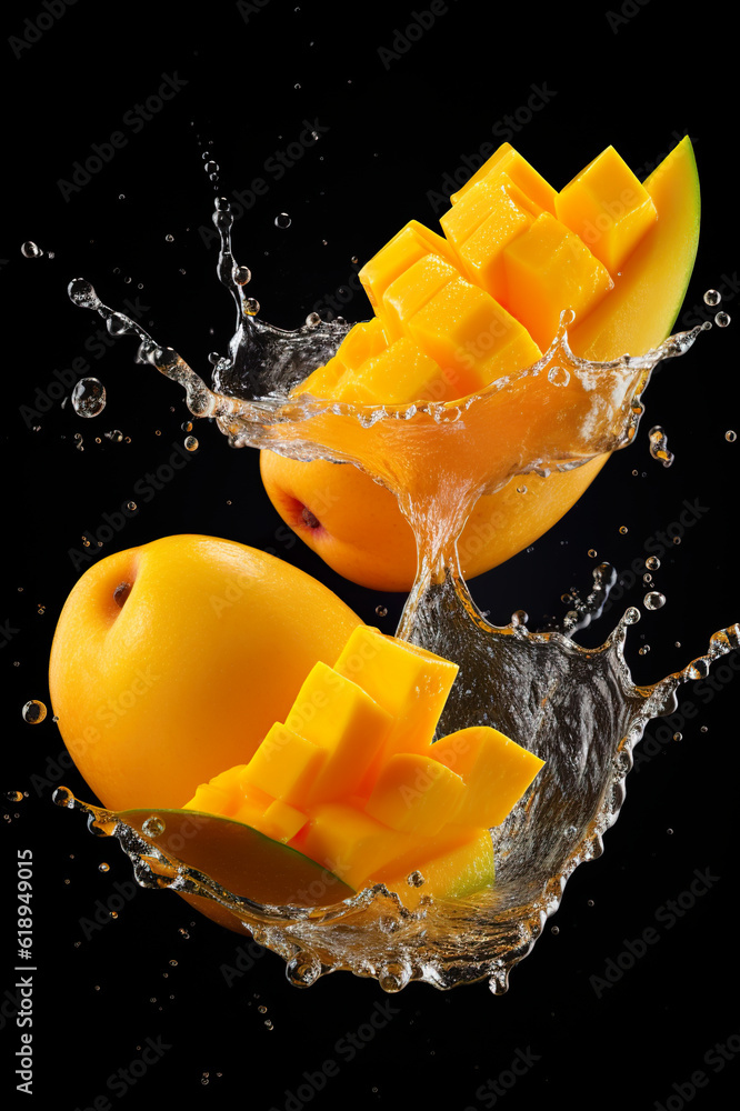 Poster mango juice and pieces of mango fruit falling on black background with a splash. generative ai.