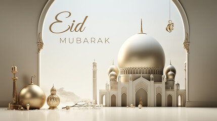A large white and gold building with a dome. Generative AI. Eid Mubarak.