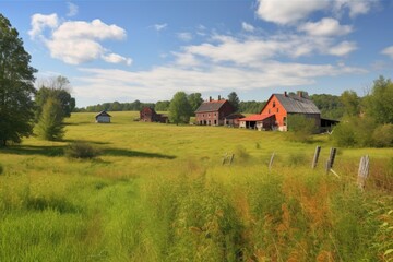 Obraz premium rural landscape with farmhouse, barns, and pastures in the foreground, created with generative ai