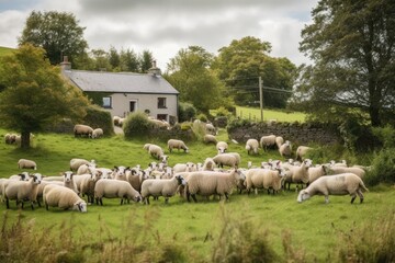 Fototapeta premium rural setting with flock of sheep grazing in the foreground, created with generative ai