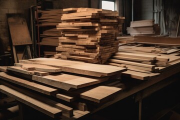 stacks of wooden planks for a carver's next project, created with generative ai