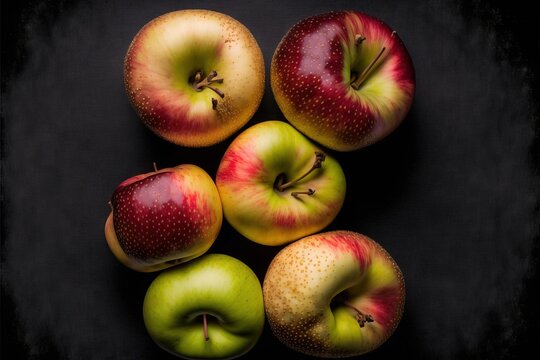a group of apples sitting on top of a black table next to a black background with a red and green apple in the middle of the picture and a green apple in the middle of the middle.