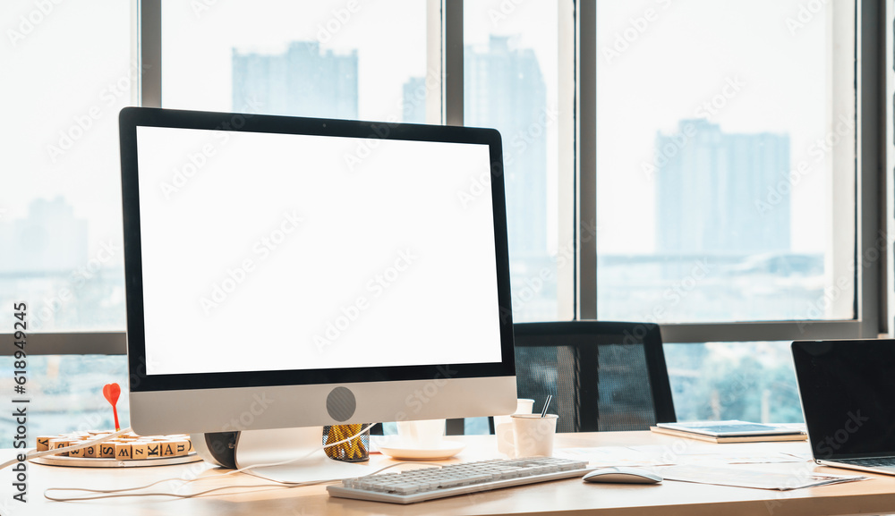 Aufkleber empty computer monitor screen for design mock up template in modern small office interior or home of