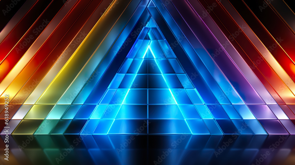 Poster a triangle of colored lights in a dark room. generative ai.