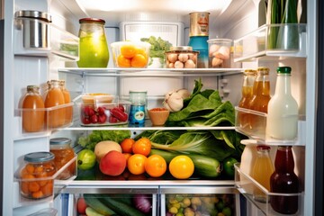 refrigerator full of fresh produce and other ingredients for healthy meals, created with generative ai
