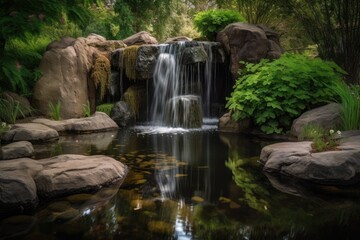 Fototapeta na wymiar majestic waterfall cascading into tranquil pond, surrounded by greenery, created with generative ai