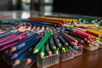 close-up of colorful pens and pencils on desk, created with generative ai