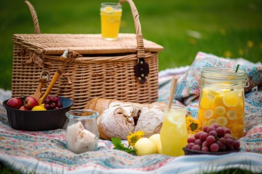 summertime picnic, with basket full of treats, and refreshing glass of lemonade, created with generative ai
