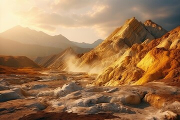 Fototapeta na wymiar Golden sun light in highland sulfur mountains. Scenery nature view