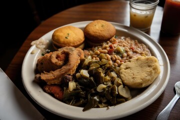 Fototapeta na wymiar classic southern vegetable plate, with black-eyed peas, fried okra, and cornbread, created with generative ai