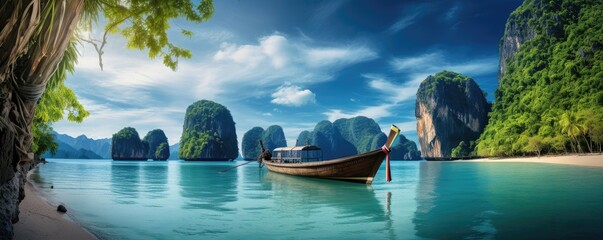 tropical island with boat, landscape with lake and blue sky, Thailand, Phuket