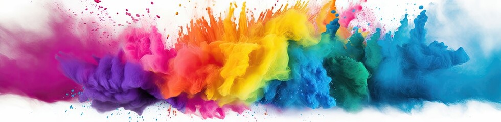 Obraz premium colorful rainbow holi paint color powder explosion isolated white wide panorama background