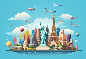 Naklejka premium travel and tourism, Travel, world landmarks on the background of blue sky