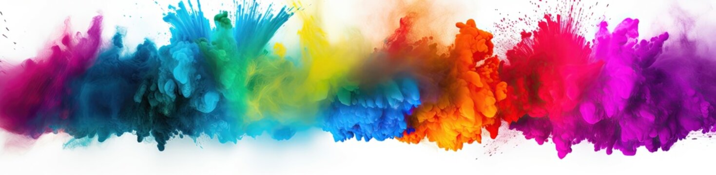 Colorful Rainbow Holi Paint Color Powder Explosion Isolated White Wide Panorama Background