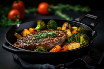 Fototapeta premium American food concept. Grilled beef steak with grilled vegetables, with carrots, cherry tomatoes, broccoli, in a cast iron pan. copy space