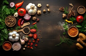 Food cooking background, ingredients for preparation vegan dishes, vegetables, roots, spices, mushrooms and herbs. Old cutting board. Healthy food concept. Rustic wooden table background, top view