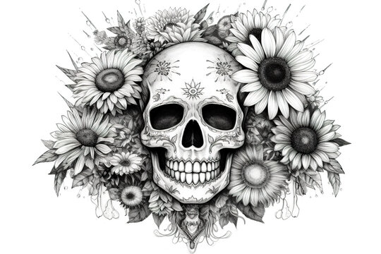 A skull surrounded by sunflowers and other flowers. Generative AI.