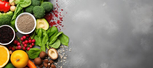Obraz na płótnie Canvas Healthy food clean eating selection: fruit, vegetable, seeds, superfood, cereal, leaf vegetable on gray concrete background