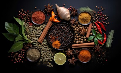 Obraz na płótnie Canvas spices and herbs on black