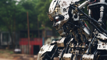 robot is a soldier with combat gear, artificial intelligence and autonomous weapon technology, machine as a humanoid android, war, in use with armament, machine gun,