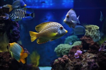 tropical fish and marine life in aquarium with view of the sea, created with generative ai