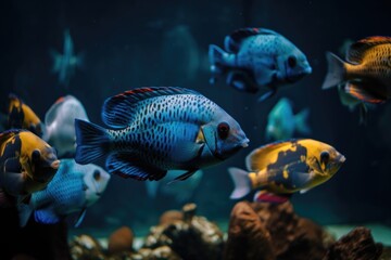tropical fish swimming in school, with schools of different species side by side, created with generative ai