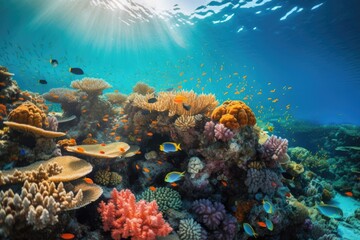 tropical fish swimming past vibrant coral reef, created with generative ai