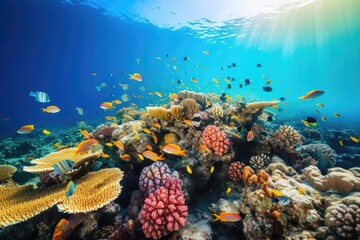 Fototapeta na wymiar school of tropical fish swimming in formation among colorful coral reef, created with generative ai