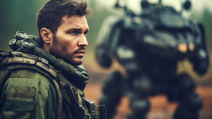 Fototapeta premium soldier in uniform with AI robot machine tank drone