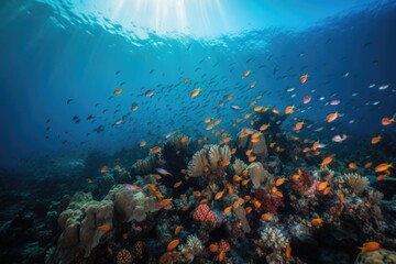 Fototapeta na wymiar tropical fish school swimming among colorful coral reef, created with generative ai