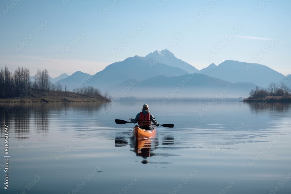 Poster water sports enthusiast paddling across calm lake, with mountain range in the background, created with generative ai