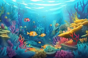 underwater scene with schools of colorful fish swimming past, created with generative ai