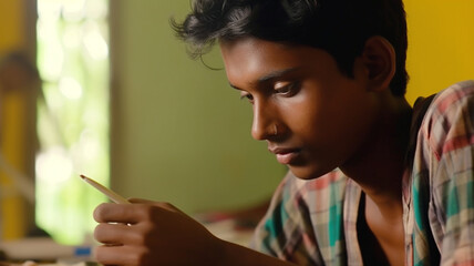Adolescent, teenage boy, Indian-looking or dark tanned skin, fictional place, like at school or home, holding a pen, sad depressed or bad mood, negative feelings and emotions, pensive