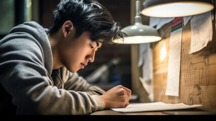 teenage boy or young adult man, at a desk with sheet and pen, paper, inventor or architect or homework or letter writing, concept and research and development, fictional