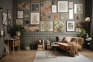 Fototapeta premium a wall with different kinds of art, such as paintings and prints, to create a beautiful and eclectic mix, created with generative ai