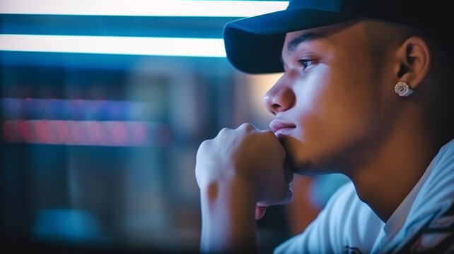 Teenager or young adult man, wearing cap, thinking or remembering or lost in thought or bored or sad