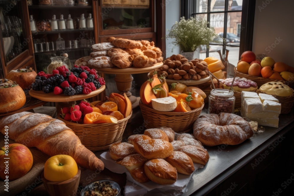 Sticker delightful display of handcrafted pastries, cheeses, and fruits, created with generative ai