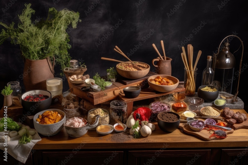 Poster artisanal food station with assortment of ingredients and tools for creating culinary masterpieces, created with generative ai