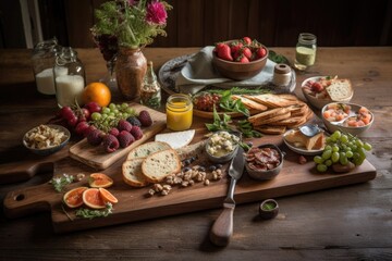 a rustic wooden board with arranged food, natural accents, and a modern twist, created with generative ai