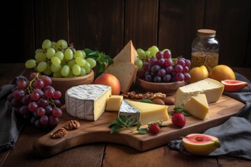 rustic wooden board with freshly sliced cheese and fruit, created with generative ai