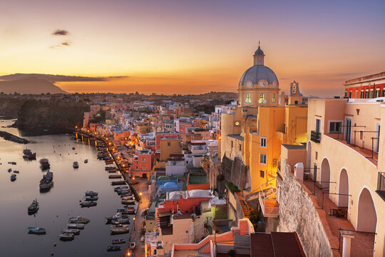 Procida, Italy old town skyline in the Mediterranean Sea