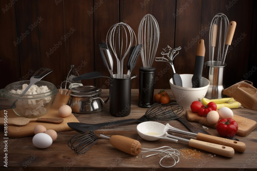 Wall mural a variety of cooking utensils, including whisks, spoons and spatulas, created with generative ai