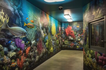 murals of marine life, with vibrant fish and coral, created with generative ai