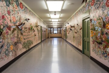school hallway with intricate mural of birds and flowers, created with generative ai