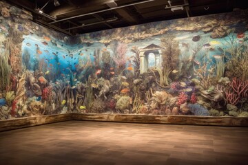 Obraz premium full-wall mural depicting fantastical underwater landscape, with schools of fish, coral reef and shipwreck in the distance, created with generative ai